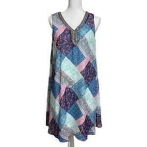 Sandra Darren Dress Teal Green‎ Print Lined Sequin Neckline Sleeveless Size 14